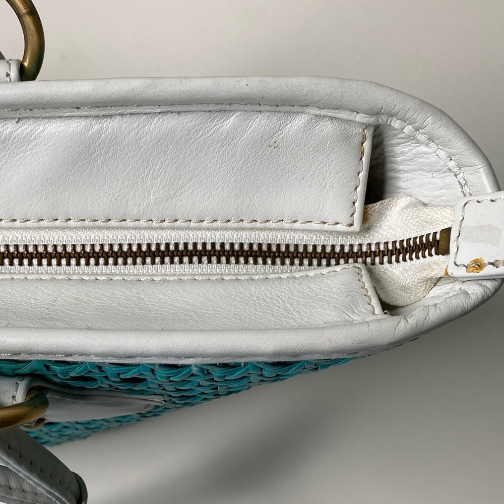 Inge Trapezoid Shoulder Bag Satchel in Turquoise Cane, White Trim, Linen Lining - Picture 7 of 15